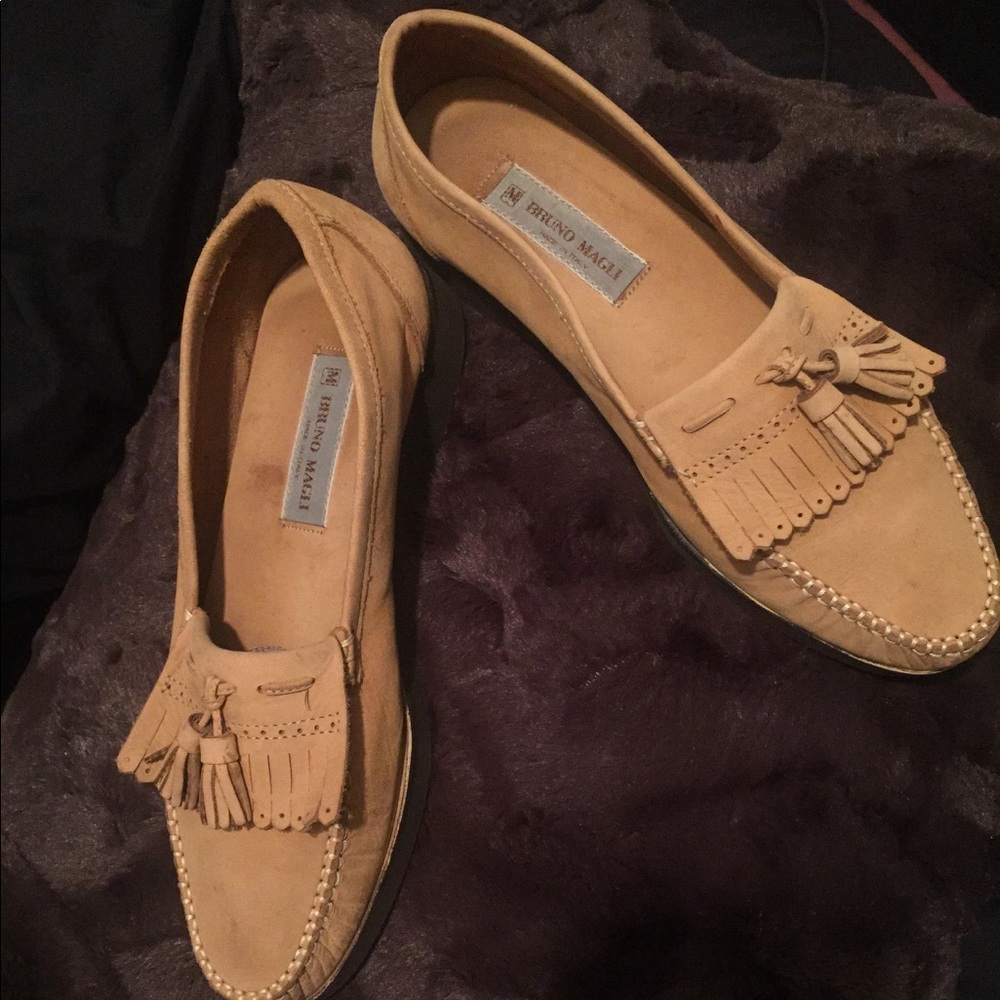 Bruno Magli tan Italian leather loafers.